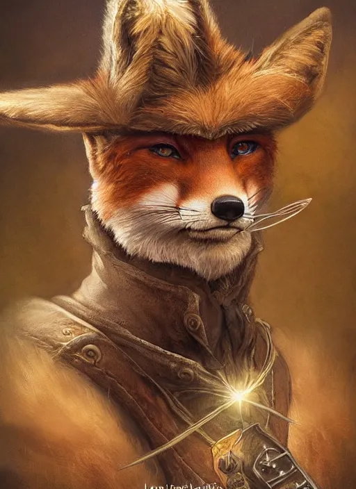 Image similar to portrait of a fox - faced ranger, dnd, gwelf, highly detailed, perfect lighting, perfect composition, 8 k, by artgerm, brian froud, larry macdougall, jean - baptiste monge, cgi