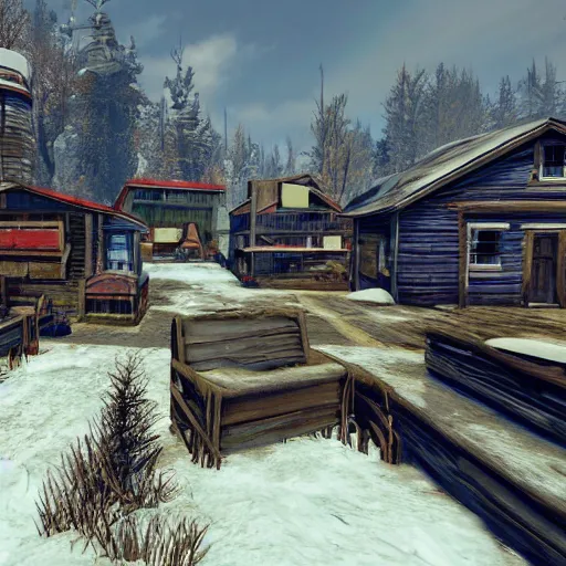 Image similar to small wooden settlers village, canada in the winter in ruins post - nuclear war in fallout 4, in game screenshot