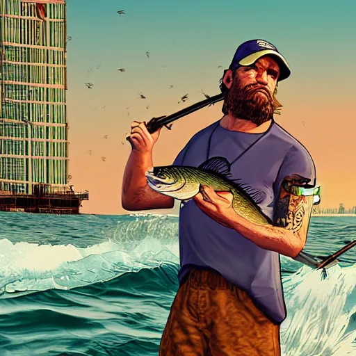 Prompt: 30-year old bearded fisherman caught fish, GTA V poster, detailed, closeup