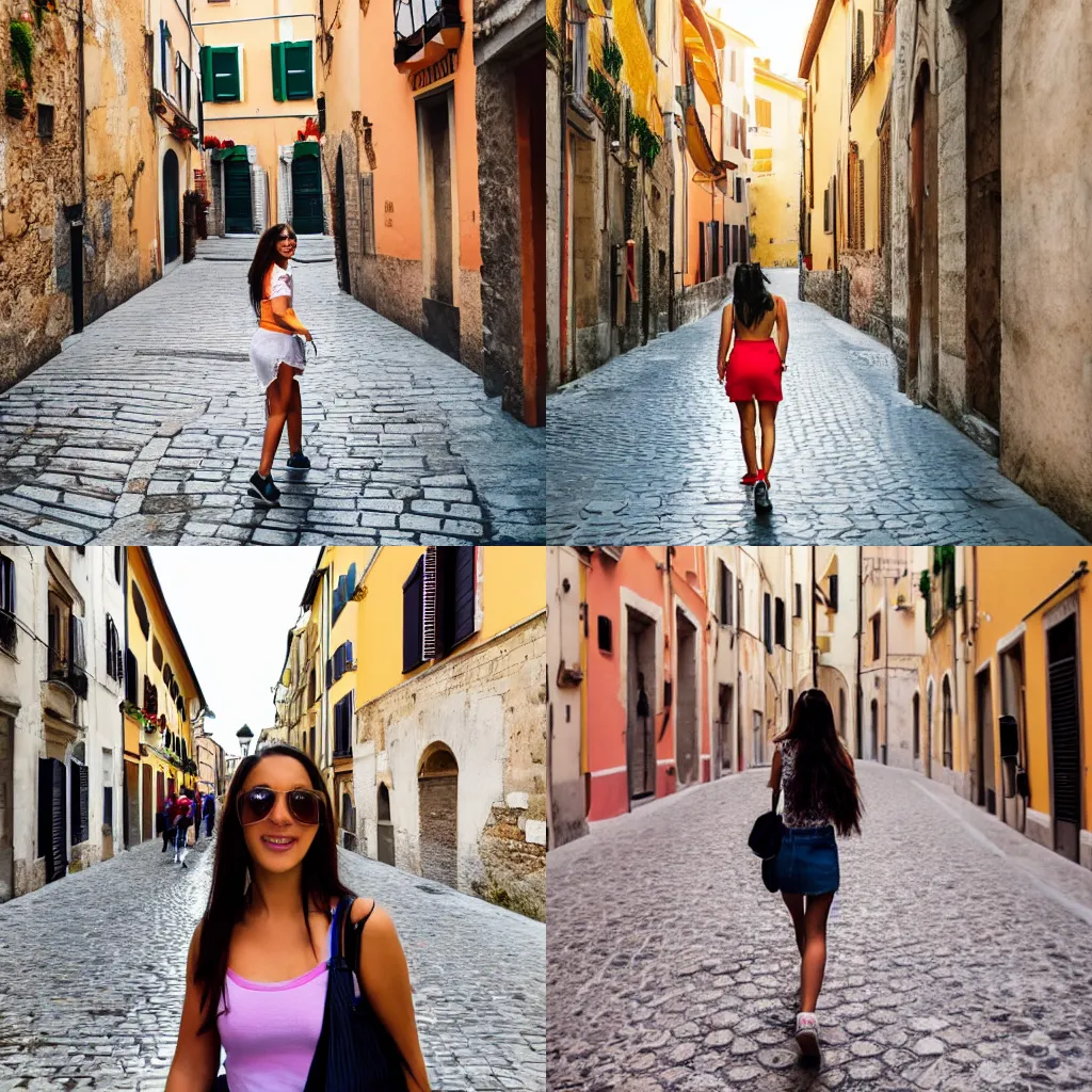 Prompt: Photo of a cute latina girl walking around in an italian city for tourism