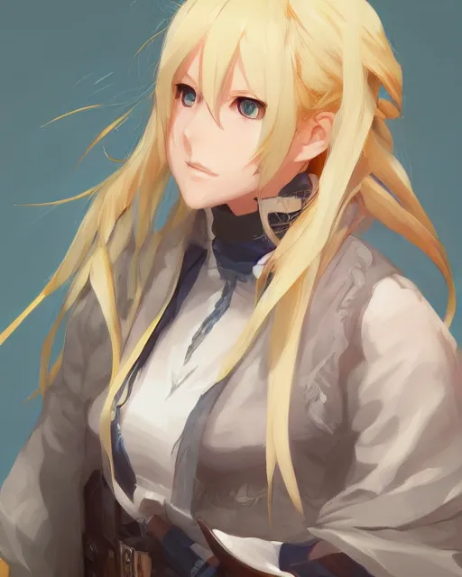 Prompt: a jrpg female protagonist with big round eyebrows and blonde hair by krenz cushart, detailed, trending on artstation, pixiv, artgerm