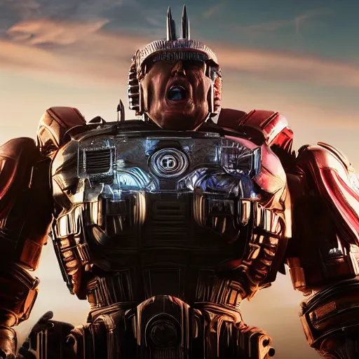 Image similar to donald trump! as optimus prime in ( gears of war ), splash art, maga!, patriot!, movie still, detailed face, photorealistic facial features, cinematic lighting, dramatic, octane render, long lens, shallow depth of field, bokeh, anamorphic lens flare, 8 k, hyper detailed, 3 5 mm film grain