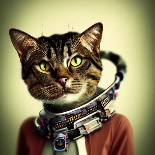 Image similar to portrait of a cute cyberpunk cat, realistic, futuristic, robot, professional photography