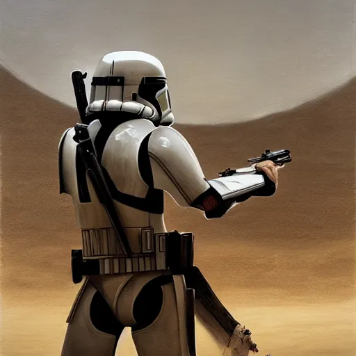 Image similar to far away shot of an imperial stormtrooper in battle position ready to shoot his blaster concept art by Doug Chiang cinematic, realistic painting, high definition, very detailed, extremely high detail, photo realistic, concept art, the Mandalorian concept art style