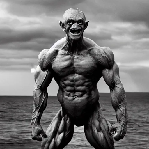 Prompt: Gollum is a jacked muscle builder gigachad, grayscale photography