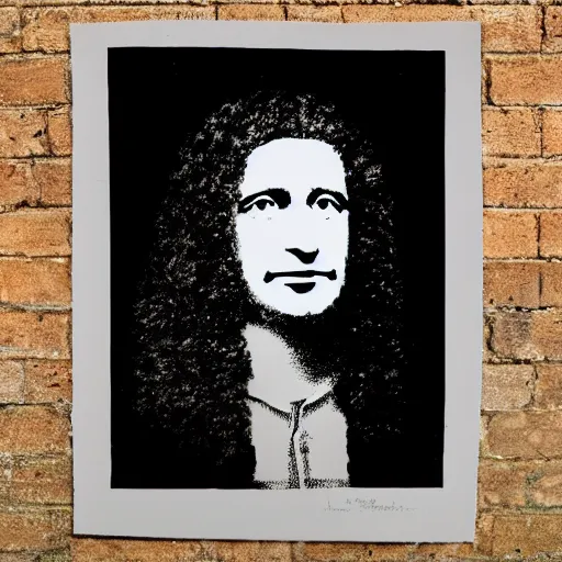 Prompt: individual gottfried leibniz silk screen banksy style