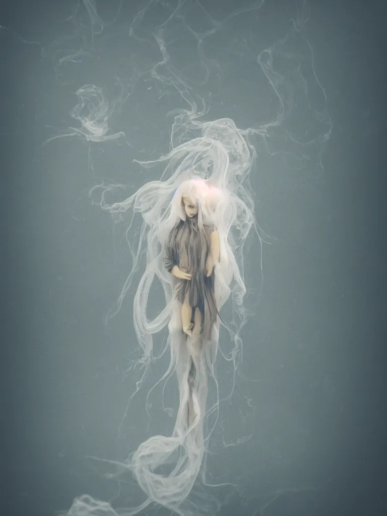 Image similar to cute fumo plush beautiful ectoplasmic gothic skeletal jellyfish ghost girl, glowing milky wisps of hazy smoke and volumetric fog on a stormy reflective river in the rain, heavy rainstorm, lens flare, subsurface scattering, vignette, asymmetry, bokeh, refraction, vray