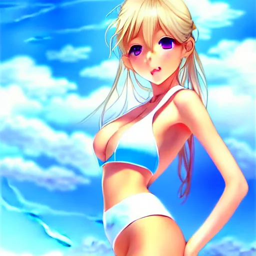 Image similar to tiny father a tall daughter picture : a very beautiful young blond anime girl, sky blue eyes, bikini, white miniskirt, highly detailed, cinematic wallpaper by stanley artgerm lau