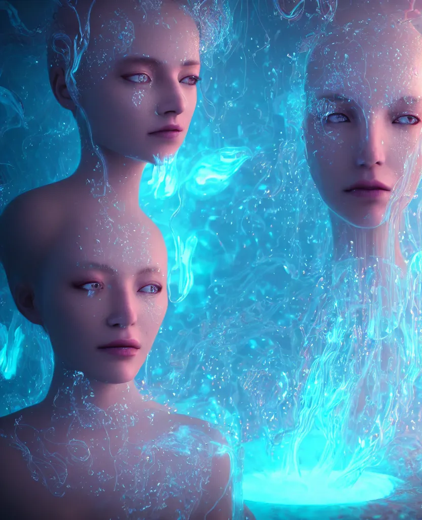 Image similar to close-up portrait of a face of beautiful princess floating in ethereum surrounded by floating jellyfish, energy flows of fire and water, flashes of plasma, 3d with depth of field, blurred background, a highly detailed epic cinematic concept art CG render. made in Maya, Blender and Photoshop, octane render, excellent composition, cinematic dystopian brutalist atmosphere, dynamic dramatic cinematic lighting, aesthetic, very inspirational, arthouse. y Greg Rutkowski, Ilya Kuvshinov, WLOP, Stanley Artgerm Lau, Ruan Jia and Fenghua Zhong