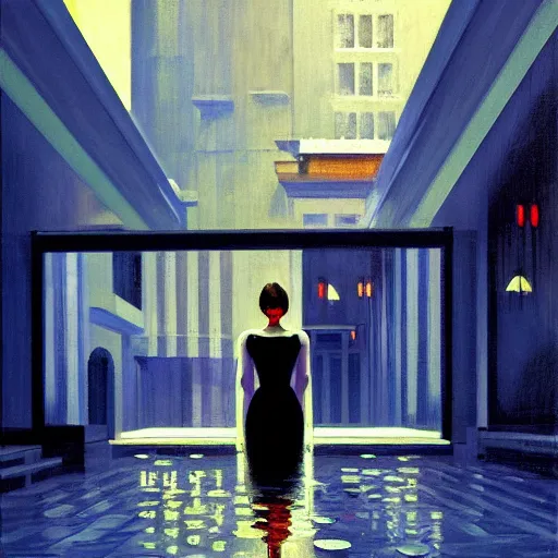 Image similar to action moment, beautiful woman portrait, courtyard, capital, cybermosque interior, control panel, watcher, omniscient, tech noir, wet reflections, impressionism, matte painting, speed painting, edward hopper, syd mead