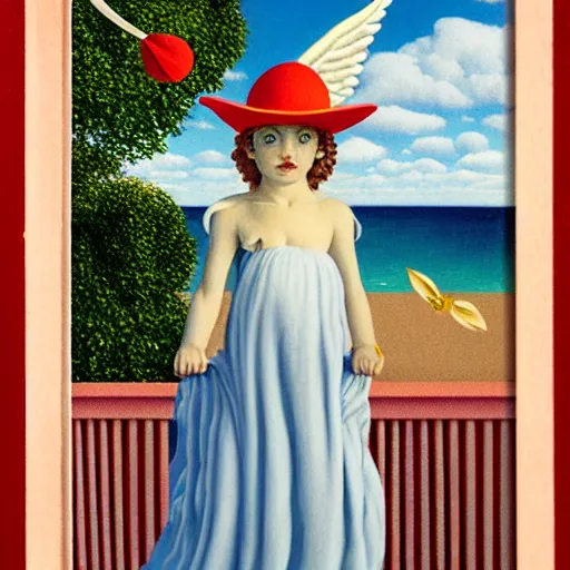 Image similar to An angel girl with jester hat and clothes on the front of a Balustrade with a beach on the background, major arcana cards, by Rene Magritte, hyperrealistic