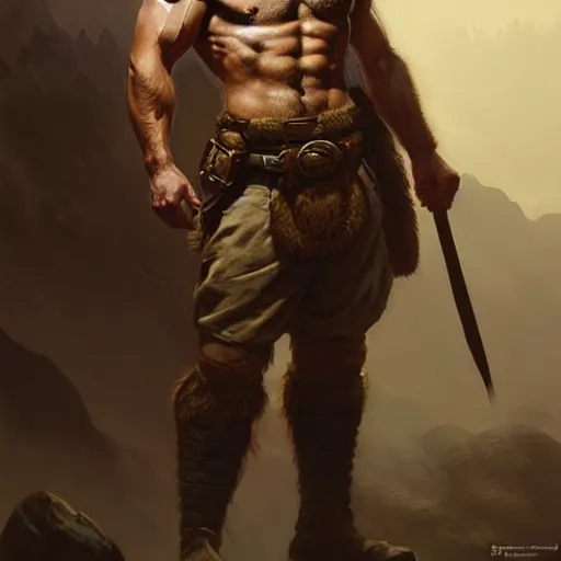 Image similar to portrait of a young rugged ranger, muscular, upper body, hairy torso, D&D, fantasy, intricate, cinematic lighting, highly detailed, digital painting, artstation, concept art, smooth, sharp focus, illustration, art by Artgerm and Greg Rutkowski and Alphonse Mucha