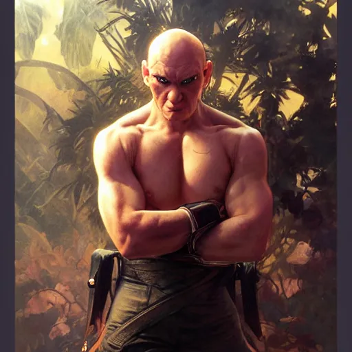 Image similar to anthony carrigan as sagat from street fighter, eye patch, 4 k, ultra realistic, detailed focused art by artgerm and greg rutkowski and alphonse mucha