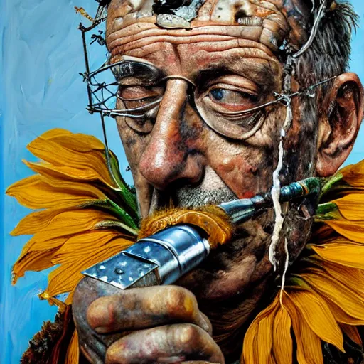 Prompt: an extreme close up portrait a wizard smoking a pipe, front angle, by Lucian Freud and Jenny Saville and Anselm Kiefer, oil painting, rust, Scaffolding, rusted metal and sunflowers, iron cladding, decay, mixed media, textured, anatomically correct, beautiful perfect face, visible brushstrokes, sharp focus, Highly Detailed, Cinematic Lighting, 8k, HD