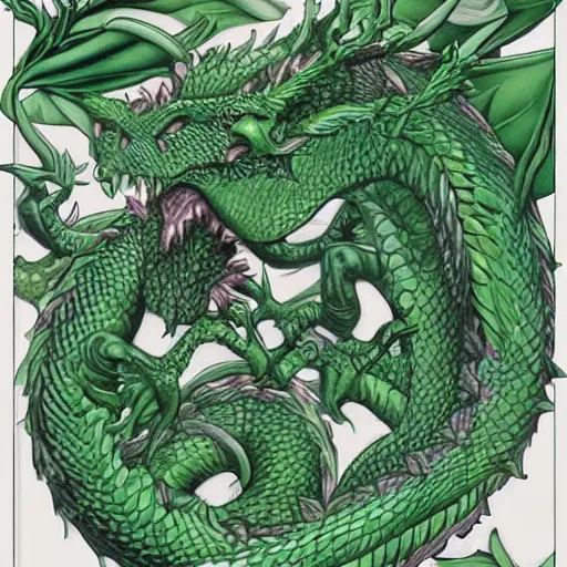Image similar to green dragon surrounded by rosebuds, by mc escher, trending on artstation, intricate, elegant