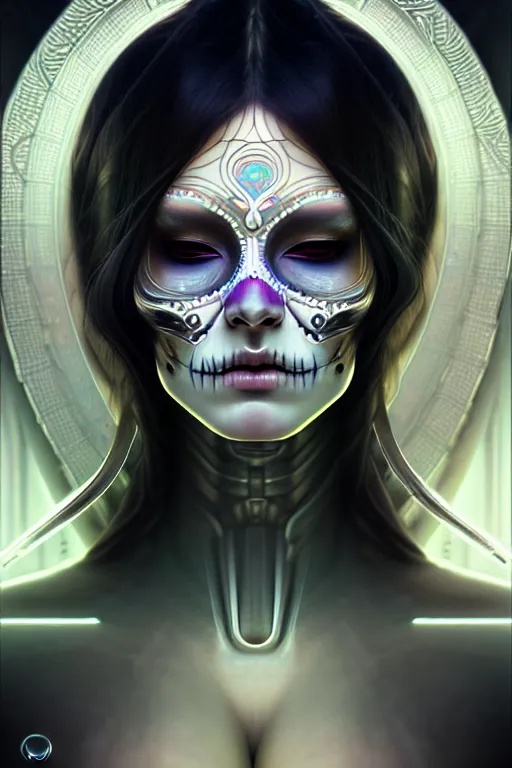 Image similar to ultra detailed portrait of a female android, eyes closed, sci - fi, moody, calm, ( dia de los muertos ), asymmetrical, intricate concept art, art by artgerm and giger and michael welan and alphonse mucha and loish and wlop