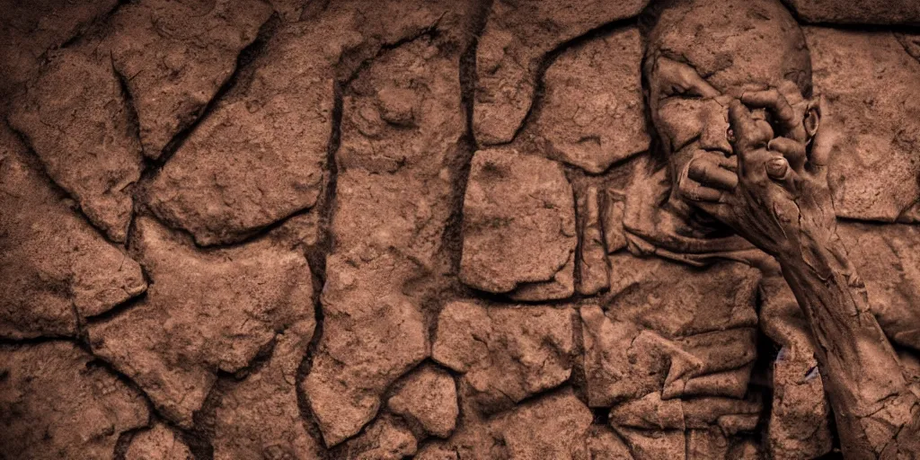 Prompt: highly detailed photography of a men made of rust clay, big rocks, hand gesture, sharp focus, clay texture, dramatic scene, aesthetic, dynamic lighting, elegant, harmony, masterpiece, by javier marin, high quality, spatula