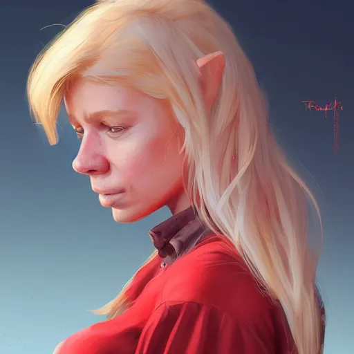 Image similar to portrait of a half blonde woman half pig with red shirt ,digital art,photorealistoc,art by greg rutkowski,hyperdetailed,western comic style,comic,comic style,sharp lineart,professional lighting,deviantart,artstation,trevor henderson,rossdtaws,cinematic,dramatic