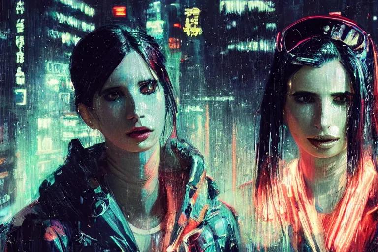 Prompt: detailed film still of portrait neon operator lady emma roberts in the movie blade runner, messy ponytail, cyberpunk futuristic, neon, reflective puffy coat, decorated with traditional japanese by ismail inceoglu dragan bibin hans thoma greg rutkowski alexandros pyromallis nekro, illustrated, perfect face, fine details, realistic shaded, fine - face, pretty face