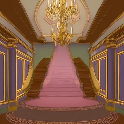 Image similar to “Entry foyer to Cinderellas castle, wide grand staircase, high ceiling, pastel color palette, concept art”