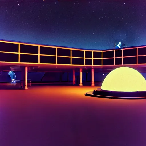 Prompt: low angle shot of a space port at night, pulp art, cinematography by Jim Jarmusch, set design by Joseph Leyendecker and Robert McGinnis and Alfred Henry Maurer, 3d octane blender render, Hipple and boho fashion 1970s, kraut rock soundtrack