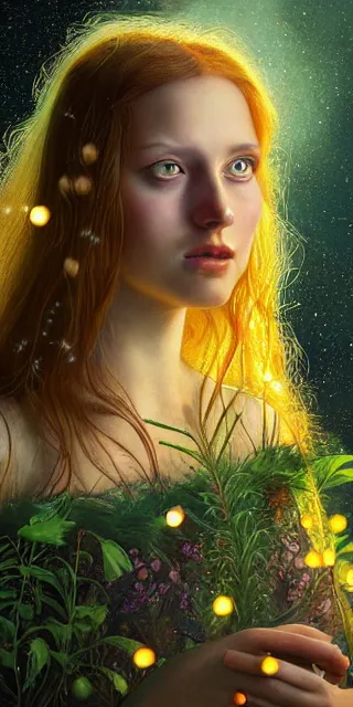 Image similar to amazed happy young woman, surrounded by firefly lights, full covering intricate detailed dress, amidst nature, long red hair, precise linework, accurate green eyes, small nose with freckles, beautiful smooth oval shape face, empathic, expressive emotions, dramatic lights, hyper realistic ultrafine art by artemisia gentileschi, jessica rossier, boris vallejo