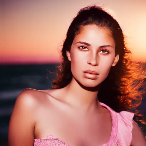 Prompt: portrait of beautiful young Brazilian female model wearing camisole, in 1960s fashion pink style, golden hour in Manhattan beach, Zeiss 150mm f2.8 Hasselblad, award-winning photo n-4