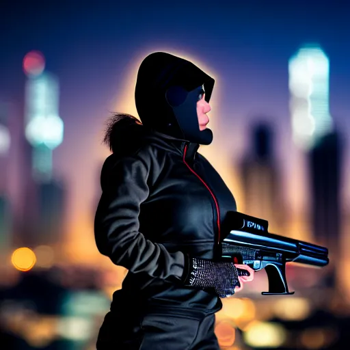 Image similar to photographic portrait of a techwear woman holding a shotgun, closeup, on the rooftop of a futuristic city at night, sigma 85mm f/1.4, 4k, depth of field, high resolution, 4k, 8k, hd, full color, Die Hard, movies with guns, movie firearms