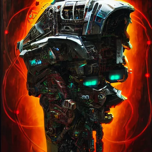 Image similar to cyborg robot tiger, huge jaws and exposed wiring, camera lens eyes, cyberpunk 2 0 7 7 and beksinski style painting