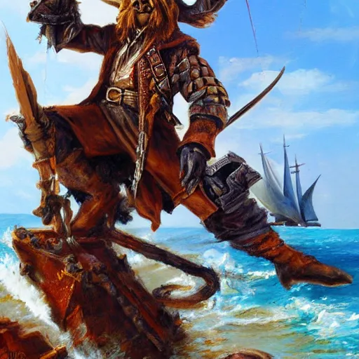 Image similar to anthropomorphic moose pirate humanoid by johan grenier, pirate ship, sea, fantasy
