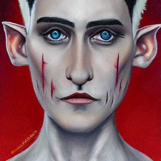 Prompt: portrait of a nonbinary actor with tanned skin and spiky short red hair wearing a men's suit, she has elf ears and gold eyes, by Gerald Brom and Grant Wood