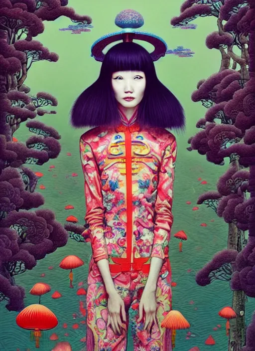 Image similar to pretty chinese model with hallucination mushroom : : by martine johanna and simon stalenhag and chie yoshii and casey weldon and wlop : : ornate, dynamic, particulate, rich colors, intricate, elegant, highly detailed, vogue, harper's bazaar art, fashion magazine, smooth, sharp focus,