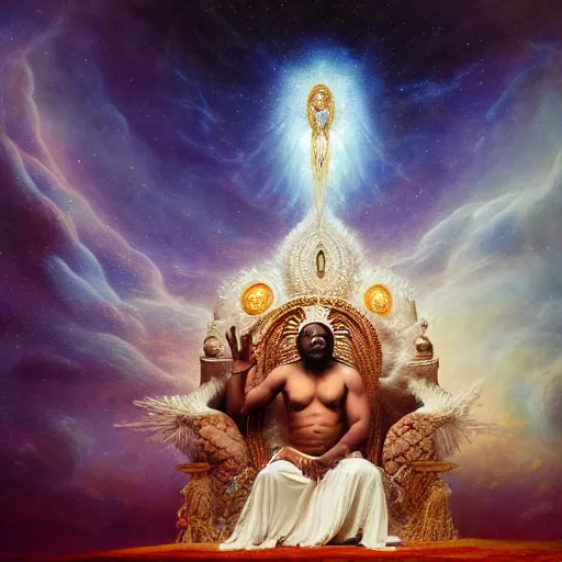 Prompt: obatala the cosmic god sitting on a throne of nebula clouds, by adi granov and Agostino Arrivabene, matte painting, orisha, 8k, hd