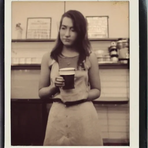 Image similar to a very beautiful old polaroid picture of a young women inside a coffee shop, award winning photography