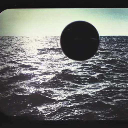 Image similar to tic tac shaped alien vessel hovering over water, real Polaroid photo