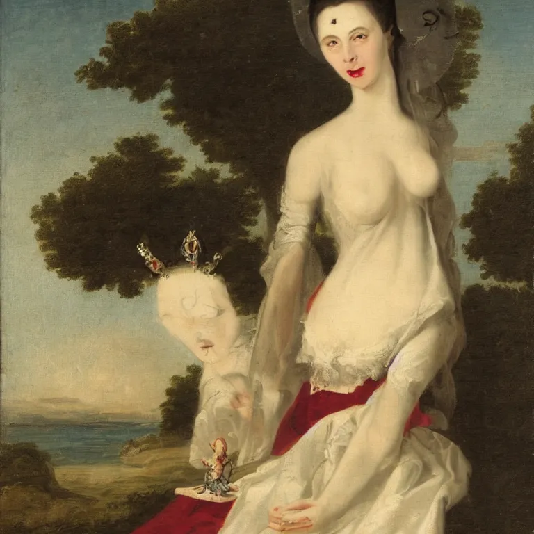 Image similar to portrait of ancient vampire queen enjoying a day at the beach, 18th century