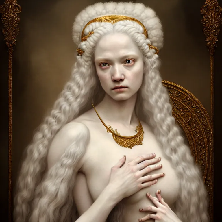 Image similar to renaissance style a wonderful woman albino goddess with a wonderful face and realistic arms and hands and realistic body with long intricate hair with a beautiful porcelain symmetrical body dressed with a majestic warp ornate cream long cotton dress, hightly ornate, intricate, detailed, dramatic light, cinematic, award winning, octane render, tom bagshaw style