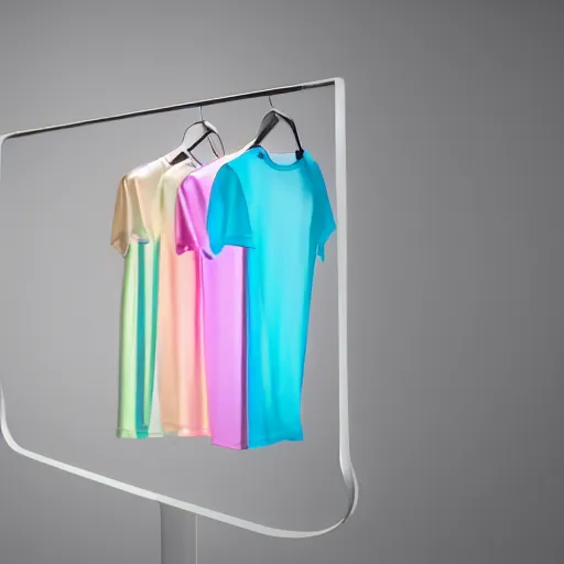 Image similar to an ultra high definition professional studio quality photograph of a transparent iridescent perspex pastel coloured t - shirt on a white coat hook in an empty white room. dramatic lighting, ray tracing, refraction, shallow d. o. f, colour corrected, golden ratio, three point light. volumetric shadows..