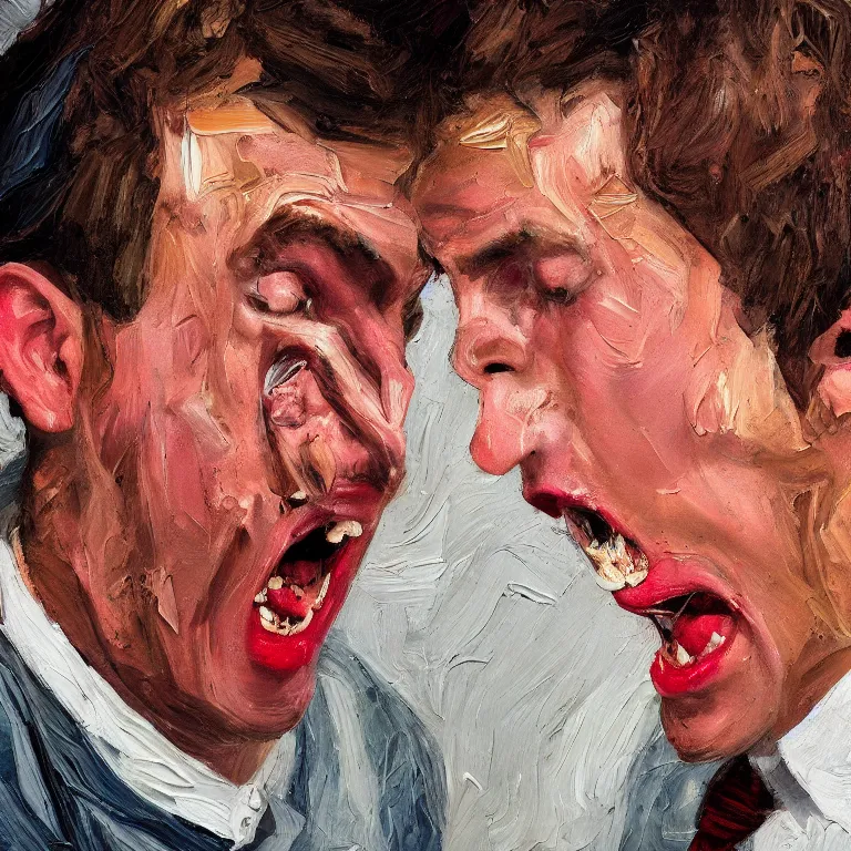 Image similar to warmly lit close up studio portrait of young angry!! screaming teenage Michael Scott furious!, impasto oil painting thick brushstrokes by Lucian Freud and Cy Twombly and Tim Hawkinson , trending on artstation dramatic lighting Expressionism