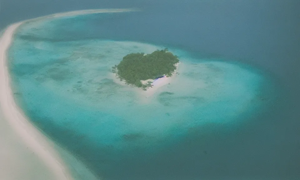 Image similar to 35mm film still, morning light over an island in the maldives, color palette of gold