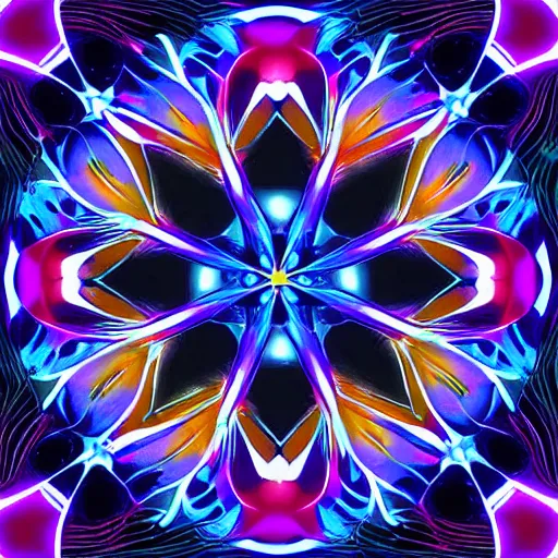Image similar to mechanical, geometric, cybertronic hibiscus flower, glowing
