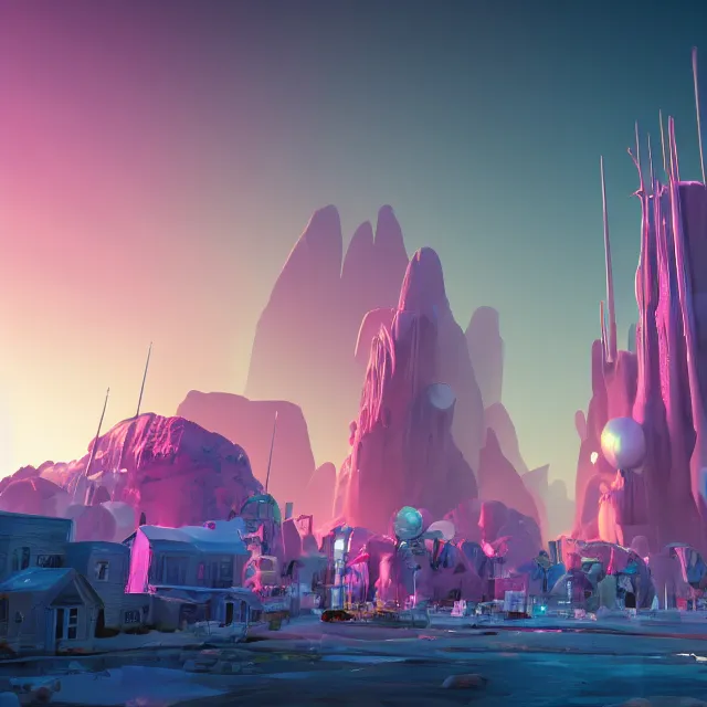 Prompt: new england futuristic fantasy city with a giant ice cream mountain range in the background, chimneys on buildings, colorful ice cream, light cinematic, otherworldly, volumetric, realistic, cinematic lighting, ray tracing, unreal engine 5, unreal engine render, octane render, hyper realistic, photo, 8 k