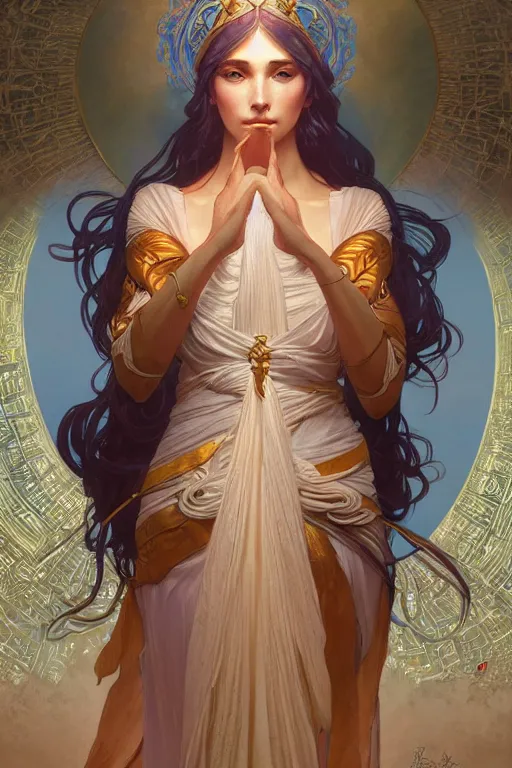 Image similar to goddess of peace and harmony, highly detailed, digital painting, artstation, concept art, smooth, sharp focus, illustration, unreal engine 5, 8 k, art by artgerm and greg rutkowski and alphonse mucha