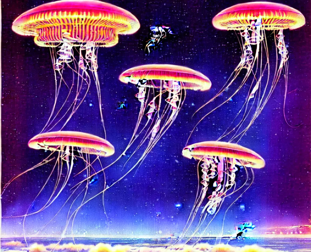 Image similar to jellyfish spaceship by bruce pennington, 1 9 7 0 s sci - fi illustration, detailed hi - res scan from an old book