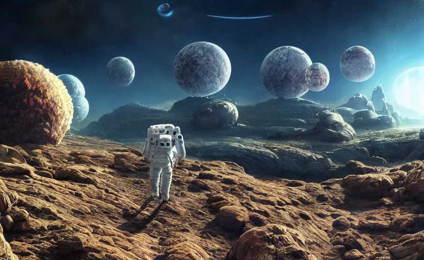 Image similar to a astronaut walking on a alien planet full of alien plants amd animals with a giant blue planet in the sky, hyperrealistic, octane render, unreal engine 5, 8k hdr, highly detailed, high quality, post processed, calm, beautiful landscape, Ferdinand Knab