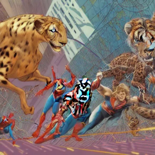 Image similar to Spiderman and superman are riding on cheetah and a lion running through the forest and surrounded by colorful ribbons and party confetti , concept art, huge scale, high detail, sci fi by James Jean