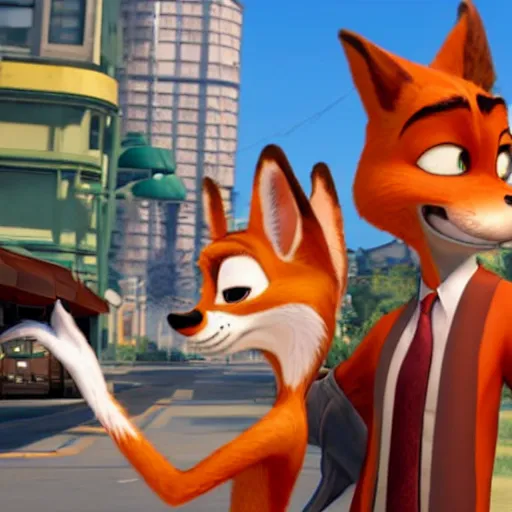 Image similar to Nick Wilde (from Zootopia) in a Grand Theft Auto loading screen