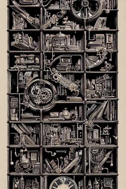 Image similar to a majestic steampunk alchemists bookshelf, two point perspective, furniture, high details, bold line art, by vincent di fate and joe fenton, inking, etching, screen print, masterpiece, trending on artstation, sharp, high contrast, hyper - detailed,, hd, 4 k, 8 k