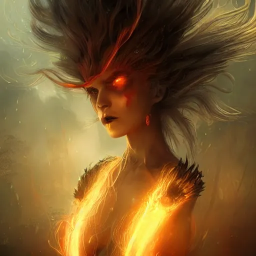 Image similar to kerli koiv as a fire genasi, flaming hair, darkwave, darksynth, concept headshot art, sharp, digital matte painting, art by luis royo, greg rutkowski, wlop, dramatic lighting, trending on artstation