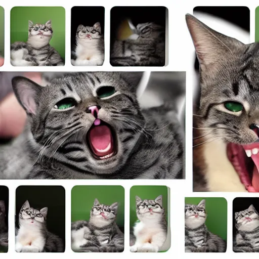 Image similar to a cat laughing from multiple angles collage photo, meme format,